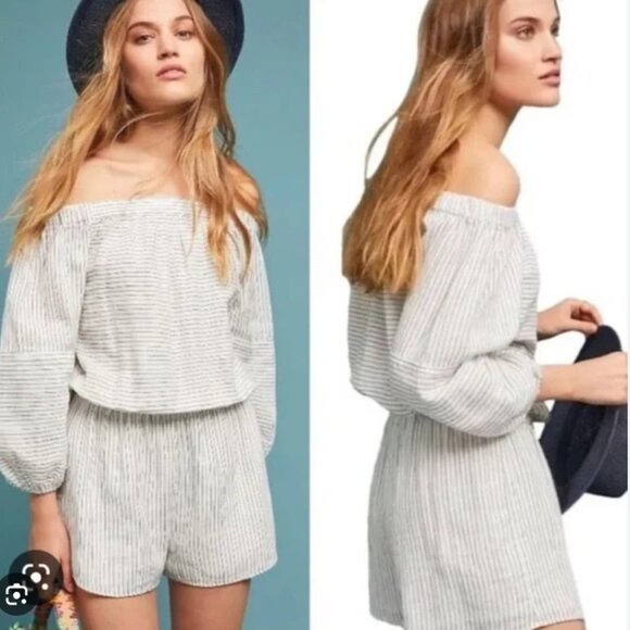 Anthropologie Tina Jo Black White Striped Off the Shoulder Romper Sz M - Picture 1 of 5
